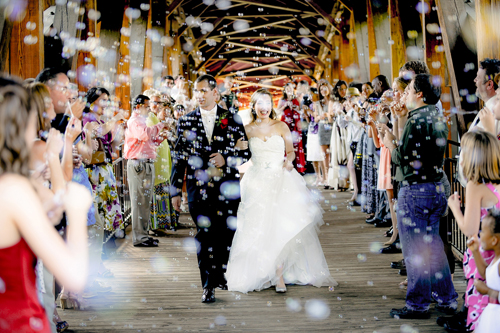 couple exits wedding while guests blow bubbles